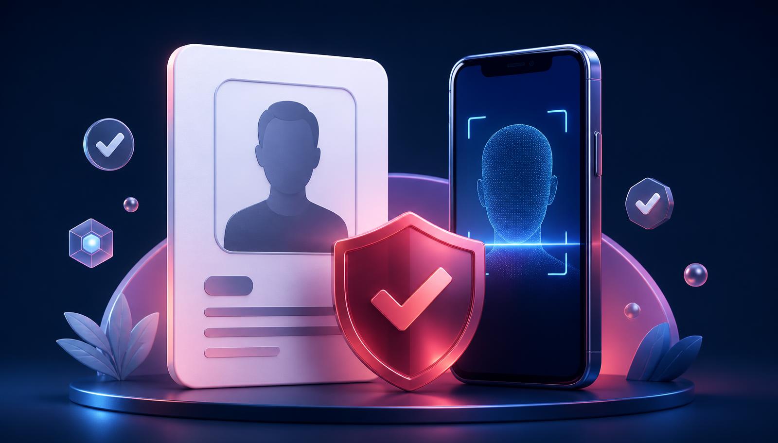3D identity card, face scan and security shield illustrating full KYC verification